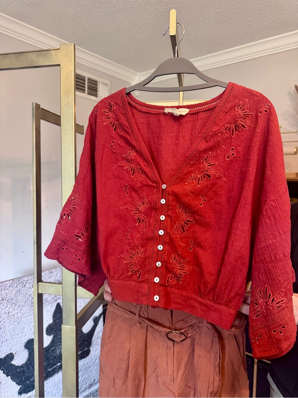lovestitch Red Embroidered Faux Button-Front blouse with Pants